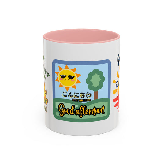 Greetings Mug, Konichiwa, Konbanwa, Ohayougozaimasu, Nice Coffee or Tea mug, perfect for hot drinks